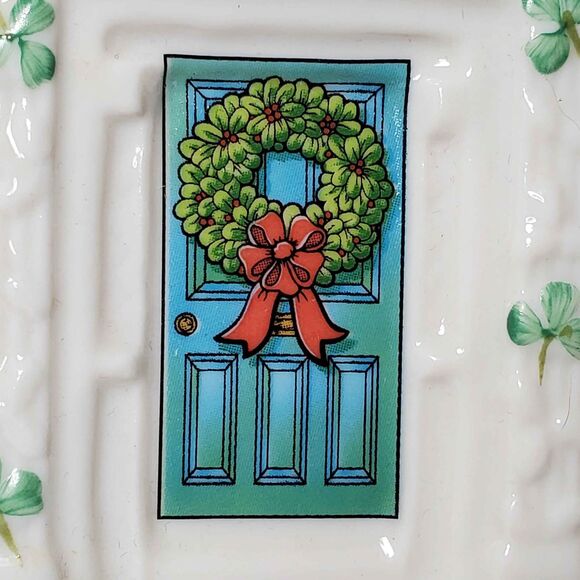 Belleek Christmas Ornament Dublin Doorways Ireland Blue Shamrocks - Picture 2 of 5